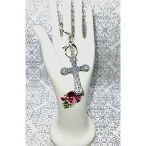 Silver Rhinestone Cross Keychain With Lobster Clasp 5”